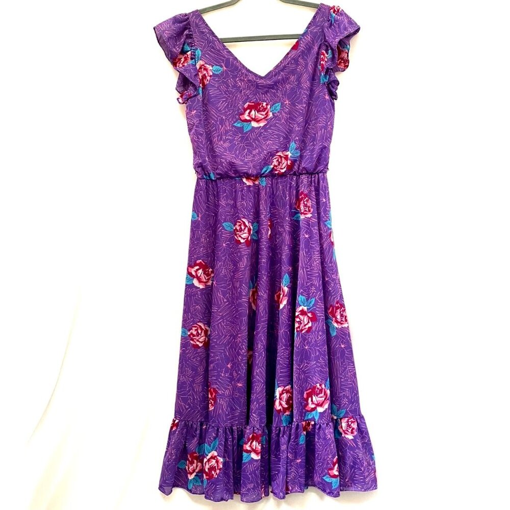 Vtg 90s Y2K Floral Fairy Grunge Midi Dress M Purple Flutter Dainty Ruffle Hem